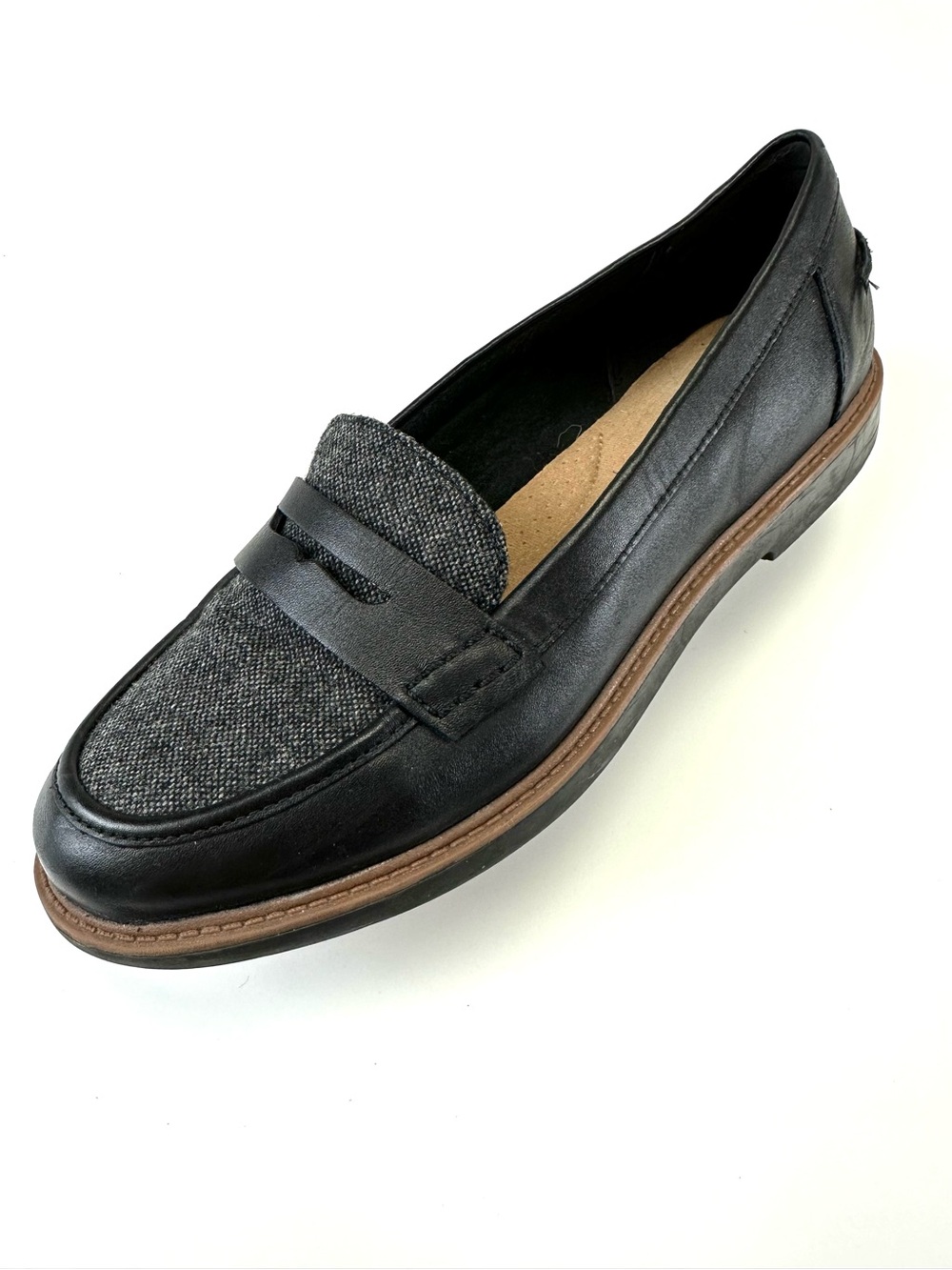 Clarks Raisie Eletta Penny Loafers Black Leather Tweed Size 8 Comfort Flats